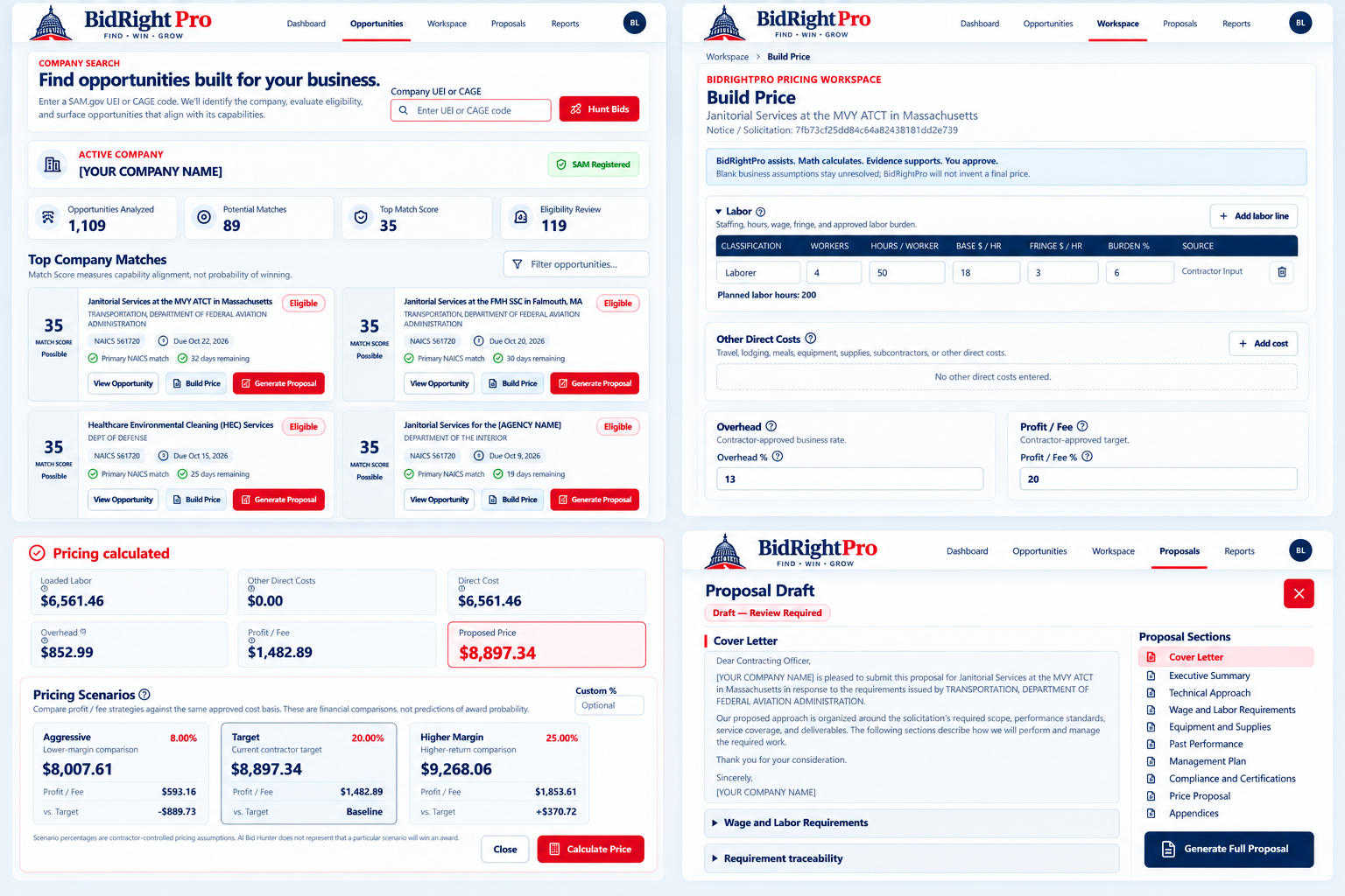 BidRightPro product screens showing opportunity matching, pricing, pricing scenarios, and proposal drafting